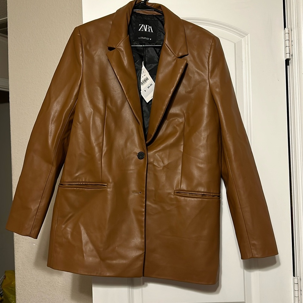 Brown leather zara blazer